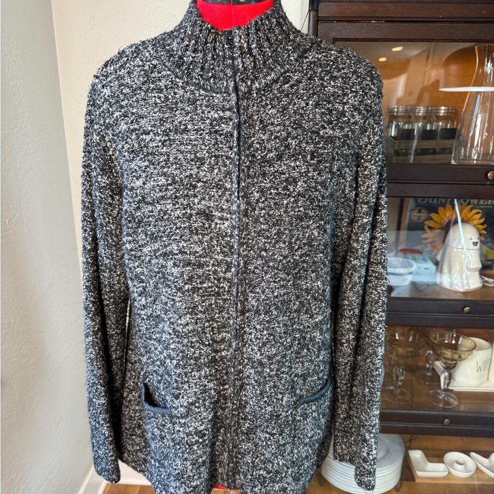 Coldwater Creek Black Gray Marled Knit Zip Front Sweater Jacket Size XL